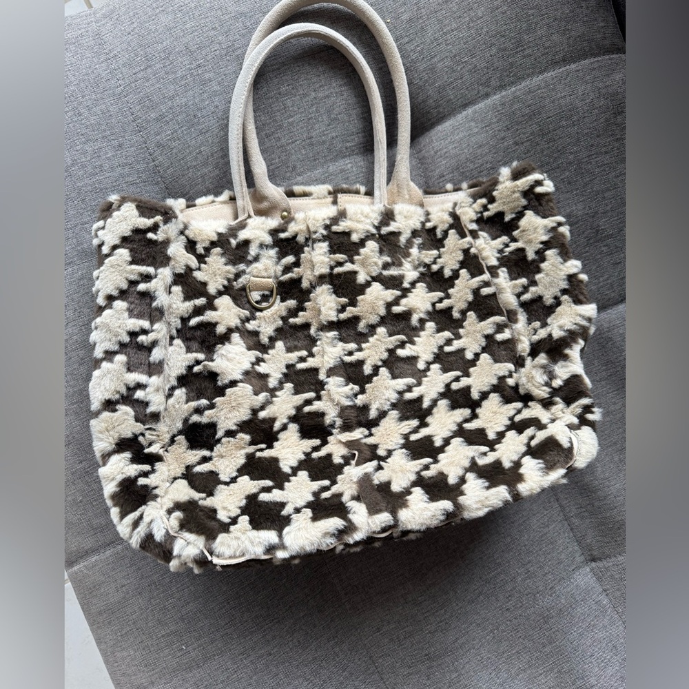 Vintage Gap Y2K Houndstooth Faux Fur Lined Cow Split leather Bag Old Money